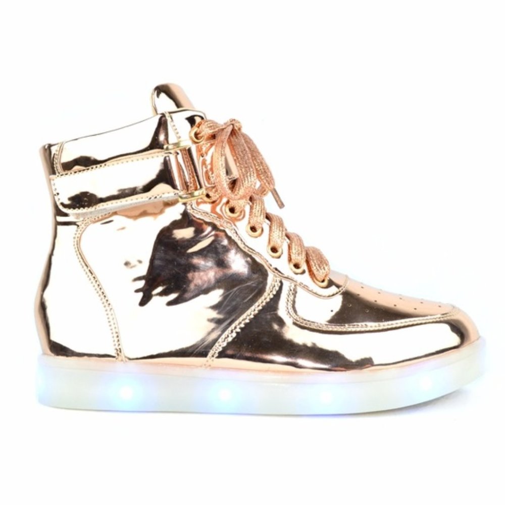 Rose gold high-top sneaker with LED soles